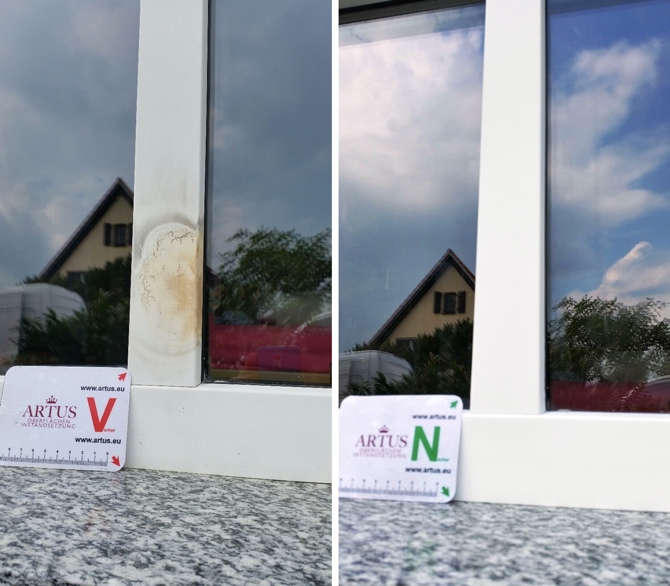 Fensterbank Brandschaden bei einem Kunststofffenster